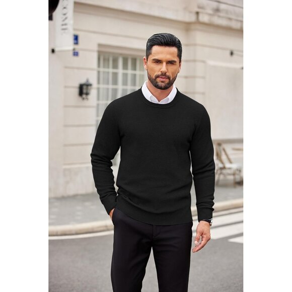 Men's Crewneck Sweaters Dress Long Sleeves Pullover Sweater Knit All Black - Picture 3 of 6